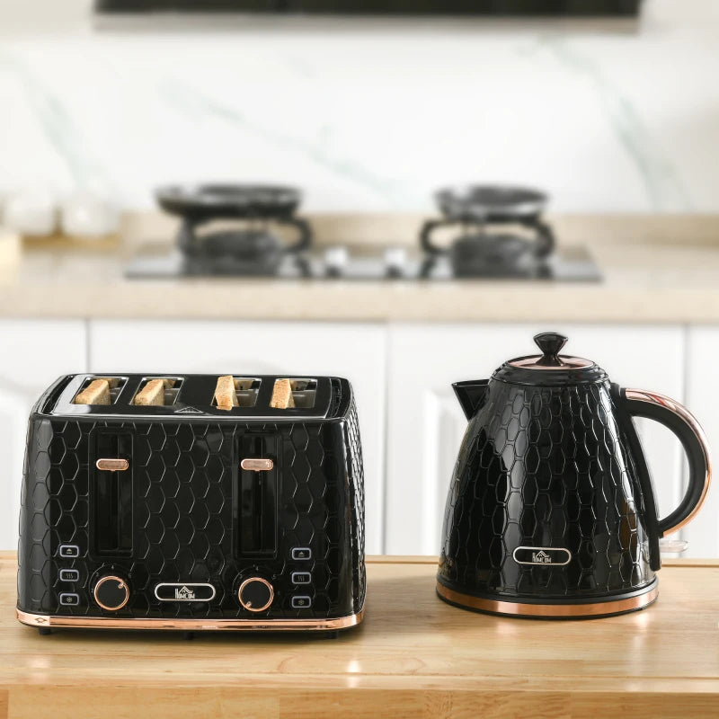 1.7L 3000W Fast Boil Kettle & 4 Slice Toaster Set - Black, 7 Browning Controls, Crumb Tray, Kitchen Essentials