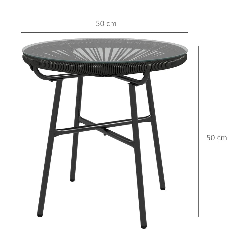 Round Black Rattan Side Table - Outdoor Coffee Table with Tempered Glass Top for Patio, Garden, Balcony - 18" Diameter