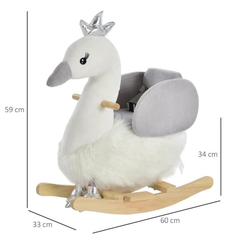 Kids Plush Rocking Horse & Swan Ride-On Toy with Sound, Wooden Base, Safety Belt for Toddlers 18-36 Months - White & Grey