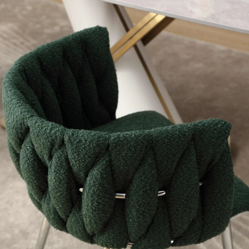 Set of 2 Modern Emerald Dining Chairs with Silver Legs, Hand-woven Backrest, Upholstered Boucle Armrests, 54x52x73 cm