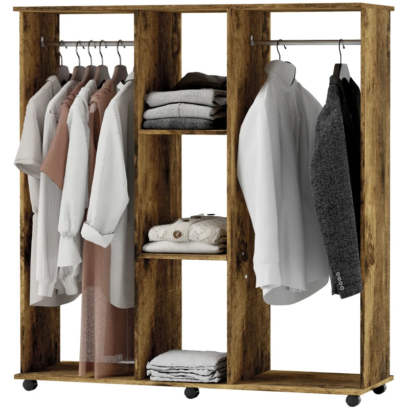 Rustic Brown Double Mobile Open Wardrobe with 6 Wheels and Storage Shelves Organizer