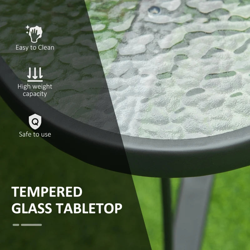 Black Square Outdoor Dining Table with Parasol Hole, Tempered Glass Top, Steel Frame