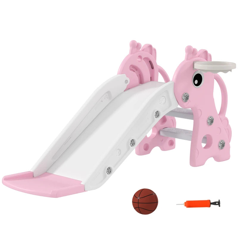 Giraffe Shape 3 in 1 Kids Slide Climber with Basketball Hoop for Indoor Play Age 1-3 Pink