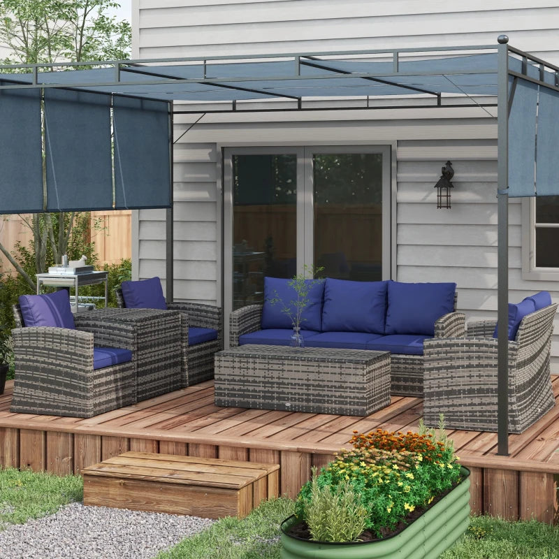 6-Piece Navy Blue Rattan Garden Furniture Set - 7-Seater Wicker Outdoor Sectional Sofa with Cushions & Storage Tea Table