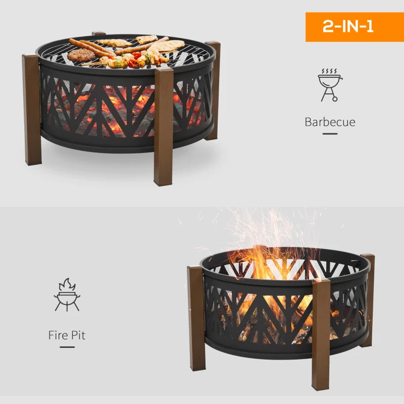 Large Metal Fire Pit Bowl 2-in-1 Outdoor BBQ Grill & Brazier with Lid, Poker for Backyard & Camping, 78cm Black