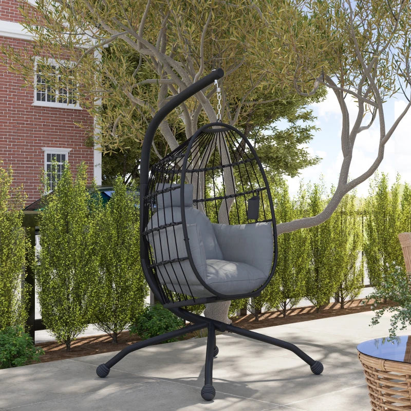 Hanging Egg Chair - Dark Grey - Outdoor Indoor Garden Swing Chair with Folding Basket, Thickened Cushion, Stand, Headrest & Cup Holder - Perfect for Patio & Balcony