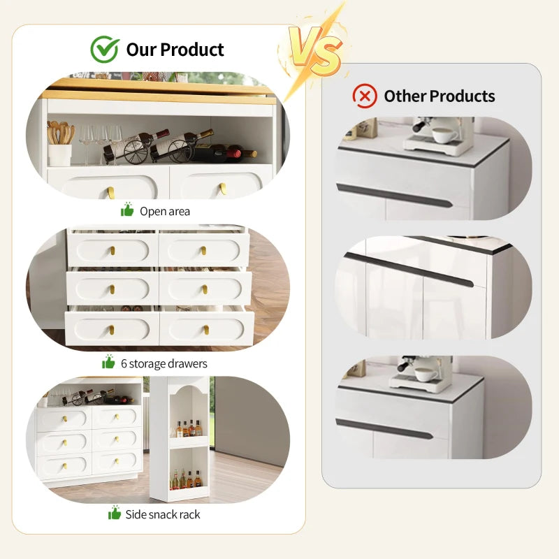360° Rotating Bar Table with Side Table & Spice Rack - Extendable Kitchen Island with 6 Drawers, White, 137x39x90 cm