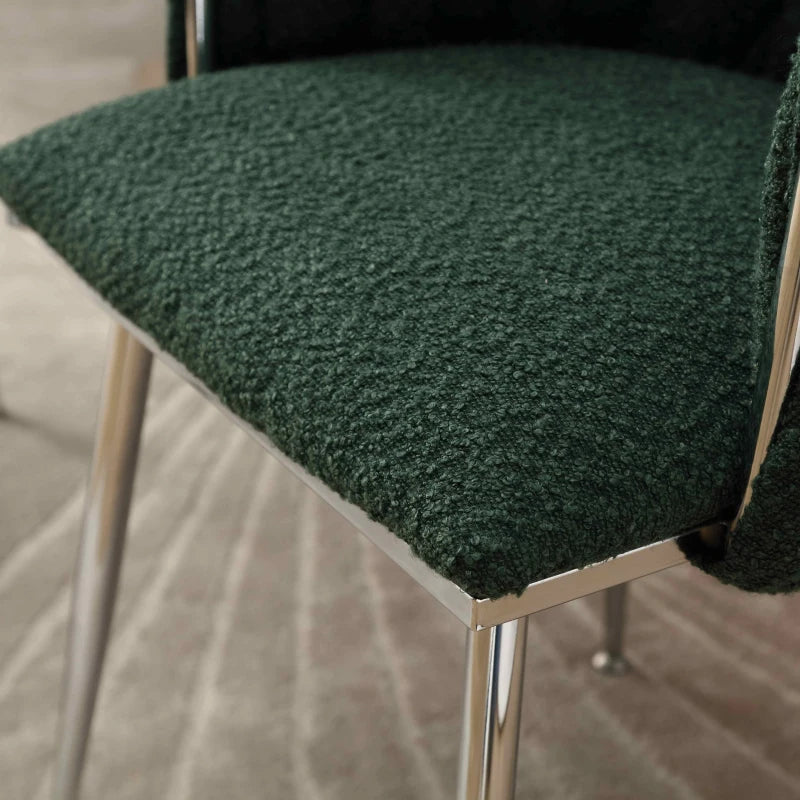 Set of 2 Modern Emerald Dining Chairs with Silver Legs, Hand-woven Backrest, Upholstered Boucle Armrests, 54x52x73 cm