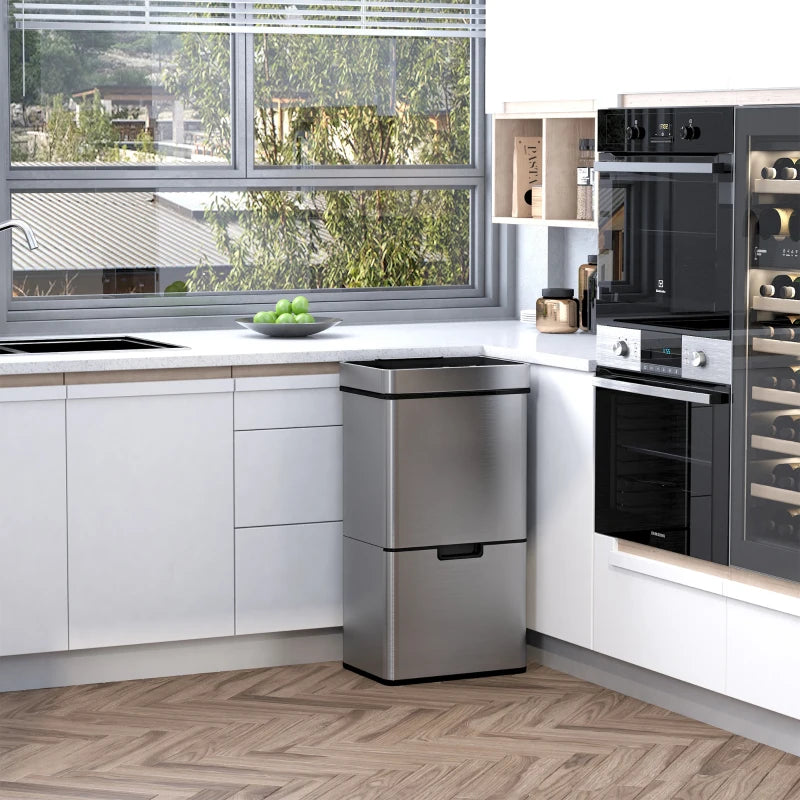 72L Stainless Steel Recycling Sensor Bin - 3 Compartments for Wet/Dry Waste, Removable Lid - Ideal Kitchen Home Solution