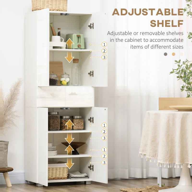 Tall Freestanding 4-Door Kitchen Cupboard with Adjustable Shelves and Drawers for Living Room and Dining Room High Gloss White
