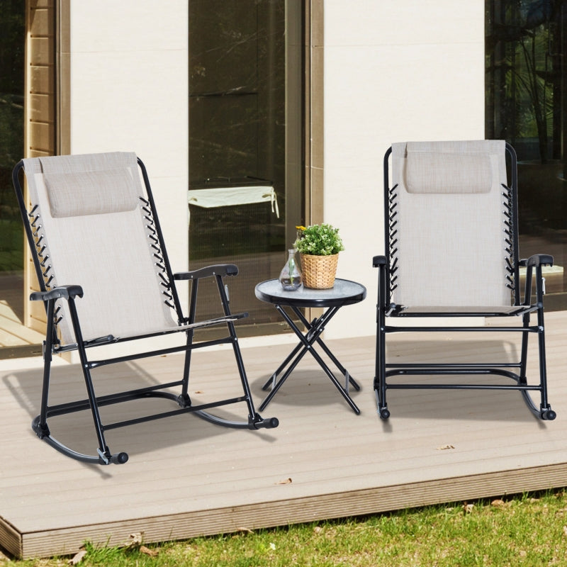Beige 3-Piece Folding Rocking Chair Set with Glass Table - Outdoor Patio Bistro Set