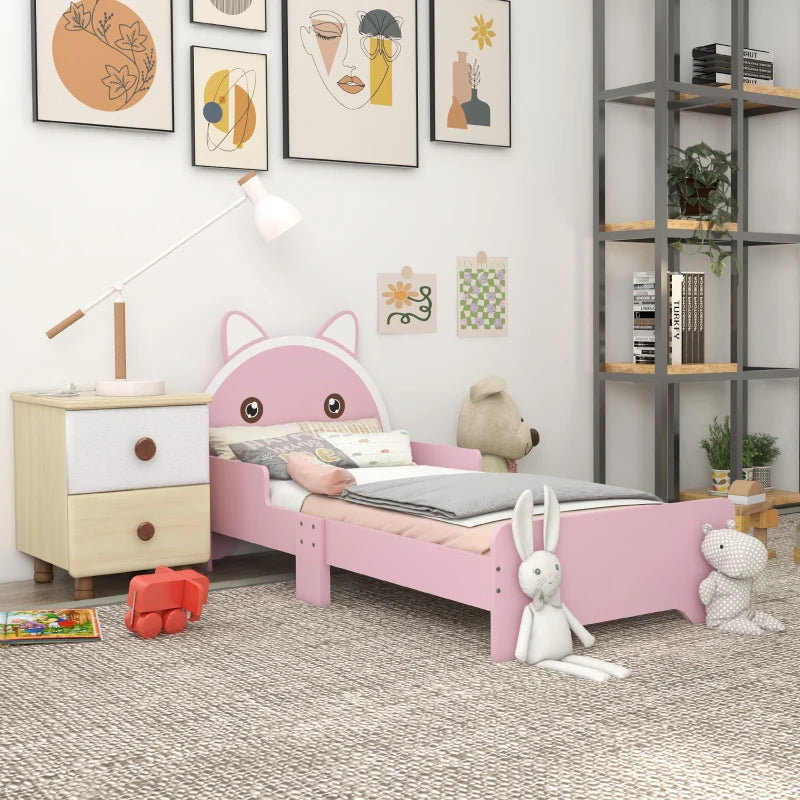 ZONEKIZ Kids Cat Design Toddler Bed Frame with Guardrails - Pink Bedroom Furniture for Ages 3-6, 143x74x72cm