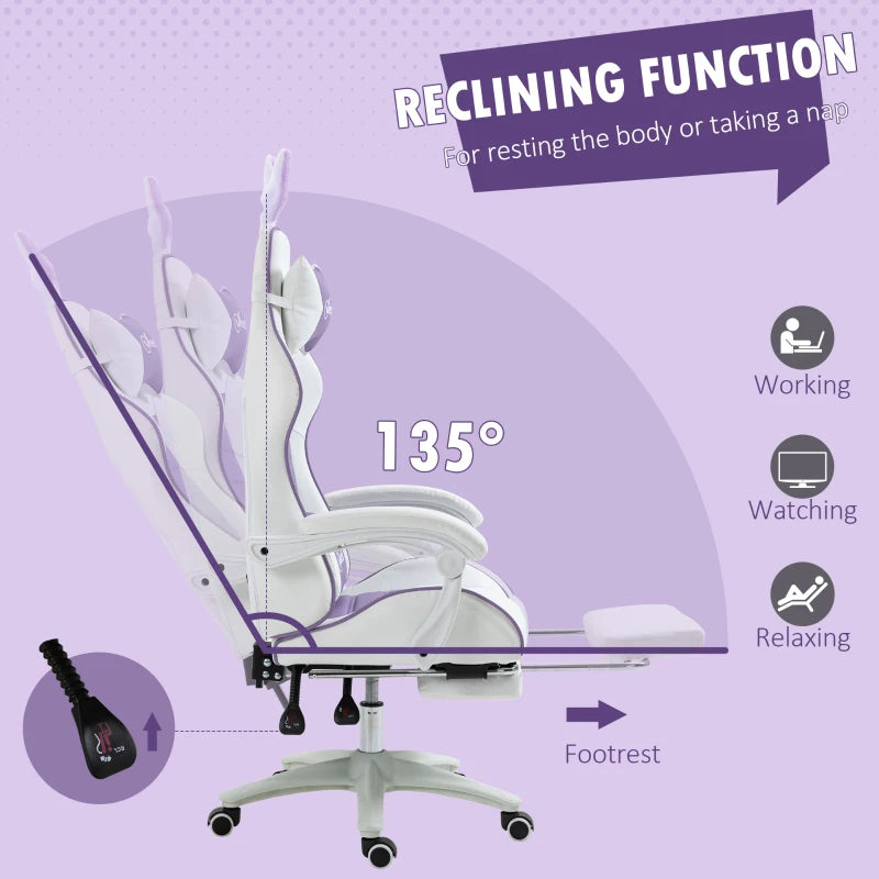 Vinsetto Purple Racing Gaming Chair - Reclining PU Leather with Removable Rabbit Ears, Footrest, Headrest & Lumbar Support