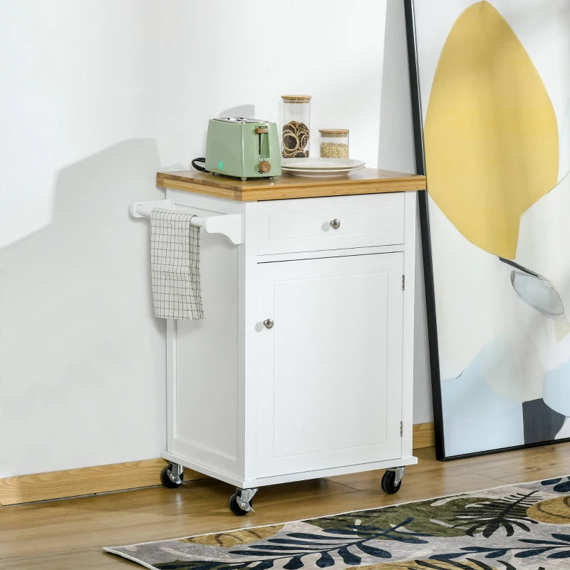 Stylish White Wooden Kitchen Cart Storage Trolley with Drawer, Cupboard & Towel Rail - Perfect for Organizing Your Kitchen