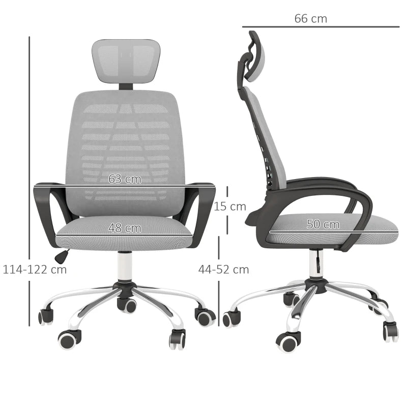 Vinsetto Ergonomic Mesh Office Chair with Rotatable Headrest, Lumbar Support & Armrests - Stylish Grey Desk Chair