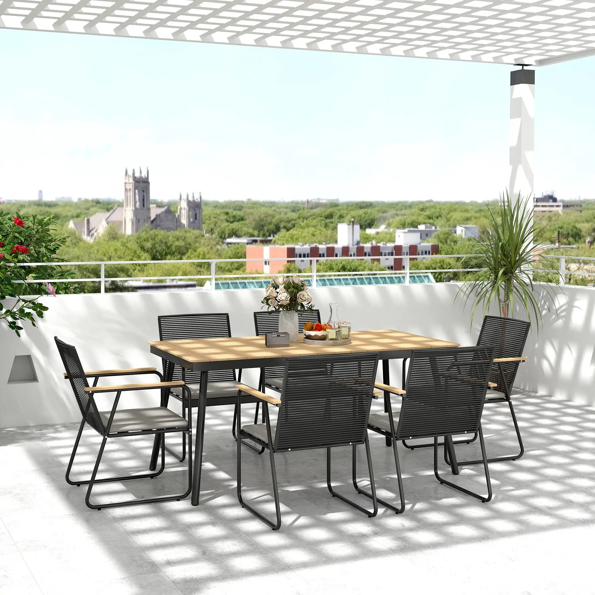 6 Seater Rattan Garden Dining Set with Cushions – Outdoor Patio Furniture with Rectangular Table, Nature Wood Effect, Ideal for Balcony, Poolside & Garden Use