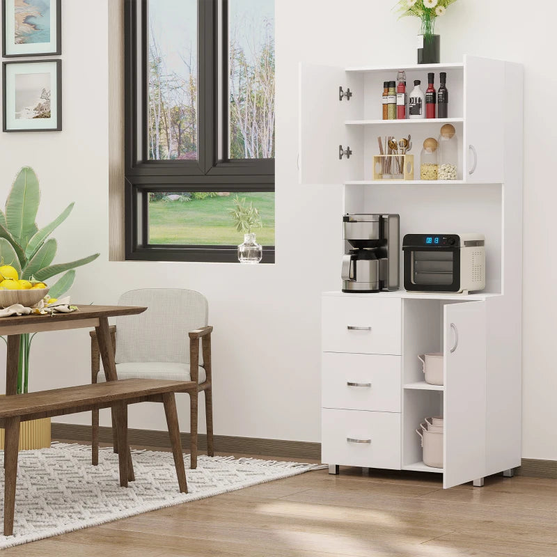 Free Standing Kitchen Cupboard - White Storage Cabinet with Doors, Shelves, 3 Drawers & Adjustable Height - Versatile Kitchen Organizer