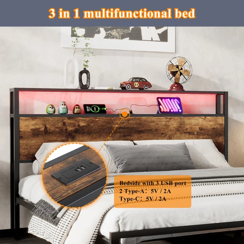 Metal Double Bed with LED Light Strip, 4 Drawers & 3 USB Ports - Black & Dark Walnut, 207.5x135x105 cm