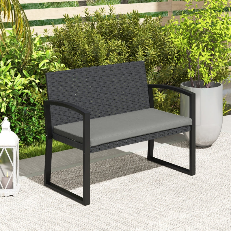 Two-Seater Rattan Garden Bench - Grey and Black Outdoor Seating