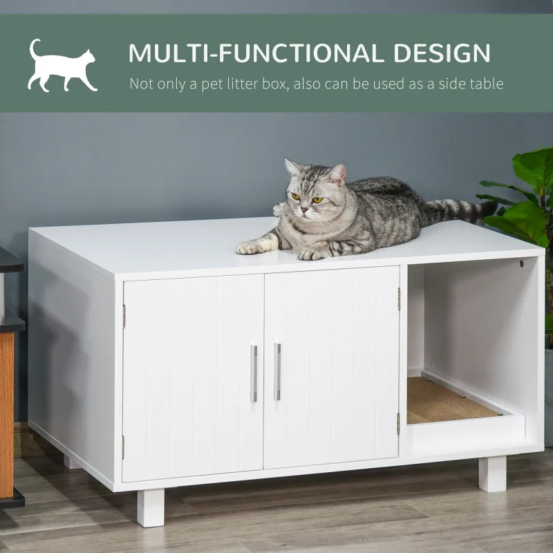 Wooden Cat Litter Box Enclosure with Nightstand Design, Scratching Post & Magnetic Doors - Stylish White Cat House