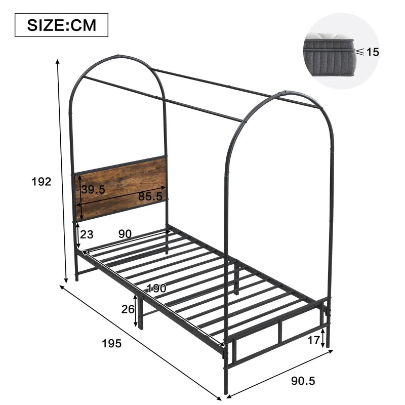 Durable Metal Canopy Bed Frame with Wood Headboard - Easy Self-Installation, Black, 195L x 90.5W x 192H cm