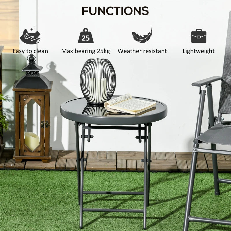 45cm Round Folding Garden Side Table - Outdoor Patio Coffee Table with Imitation Marble Glass Top - Black