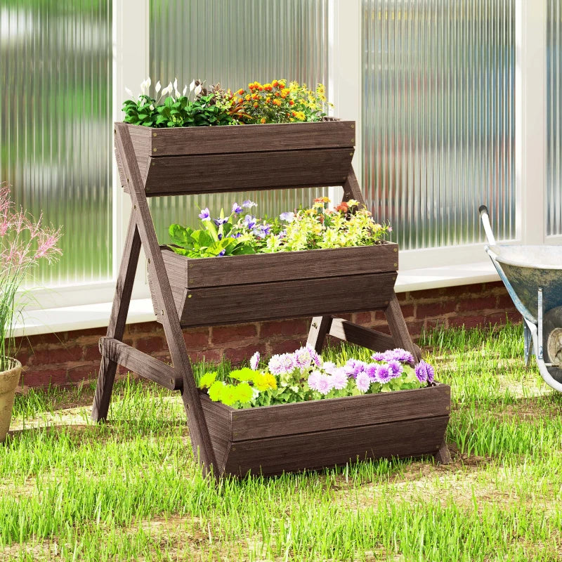 3 Tier Wooden Elevated Planter Box Kit - 66L for Flowers, Vegetables, Herbs - Tan - 65x75x78cm