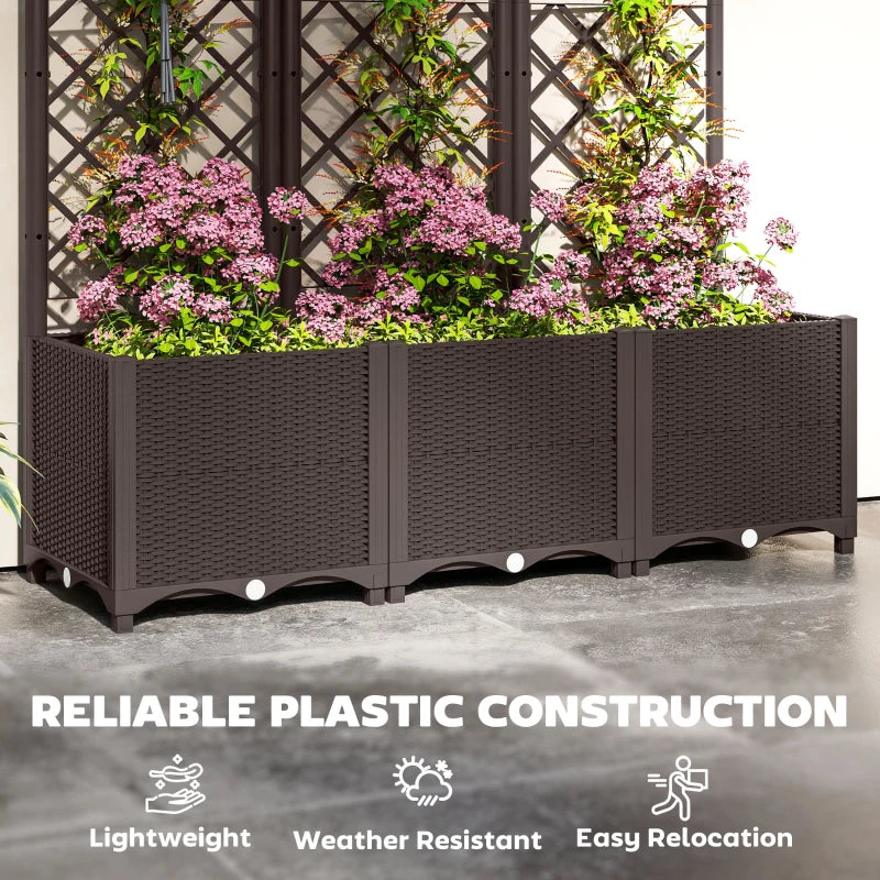 Brown Raised Garden Bed with Trellis - 48" Plastic Planter Box for Climbing Plants, Vegetables, and Flowers with Drainage Holes