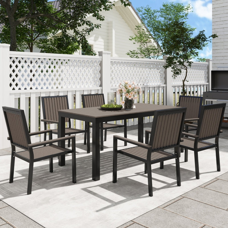 6 Seater Brown Garden Dining Set with Stackable Chairs, Rectangular Plastic Top, Aluminium Frame