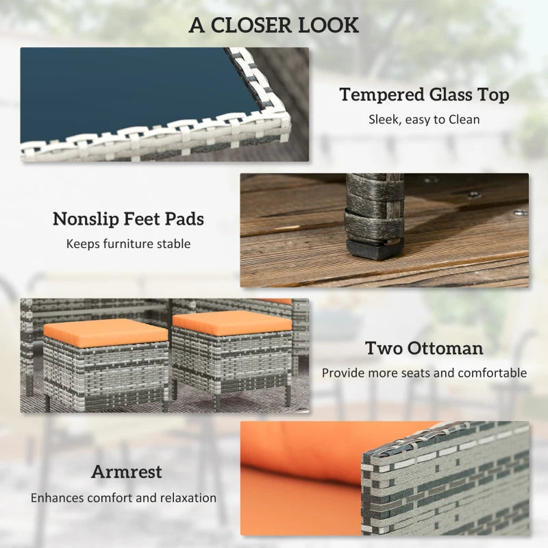 7-Seater Orange Cushioned Rattan Wicker Patio Sofa Set with Glass Table