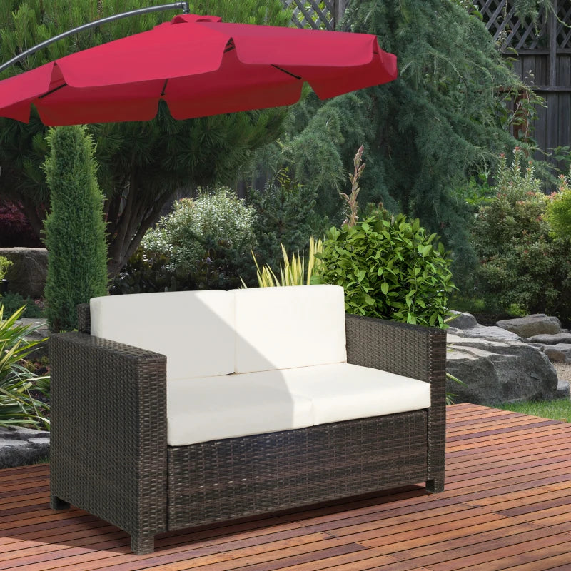 2 Seater Rattan Sofa - Mixed Brown Wicker Garden Loveseat with Soft Padded Cushions and Armrests for Patio