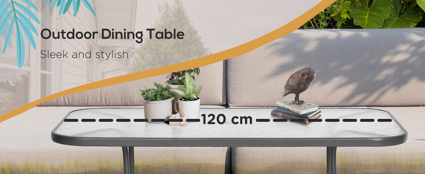 Grey Outdoor Dining Table with Glass Top and Parasol Hole - 120x80cm