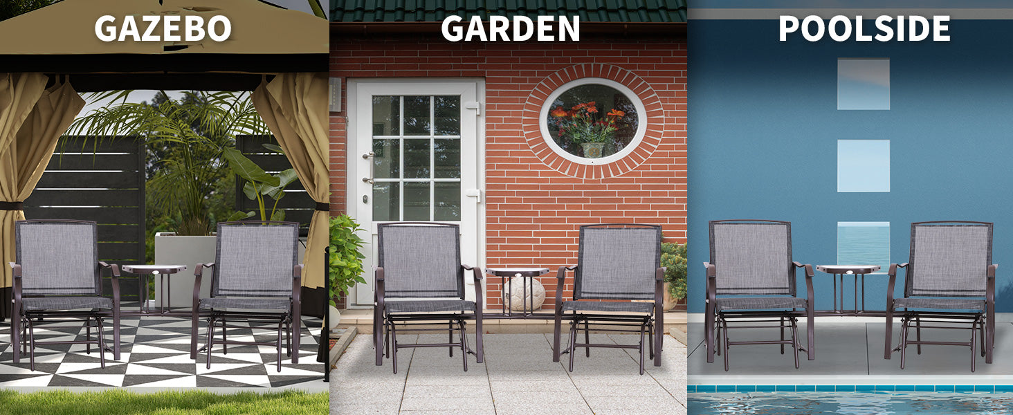 Pair of Rocking Chairs with Table & Breathable Mesh Fabric Seat - Brown Frame & Grey Mesh