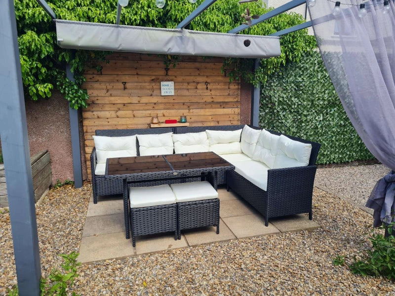 Black 8-Seater Rattan Wicker Corner Sofa Set With Table