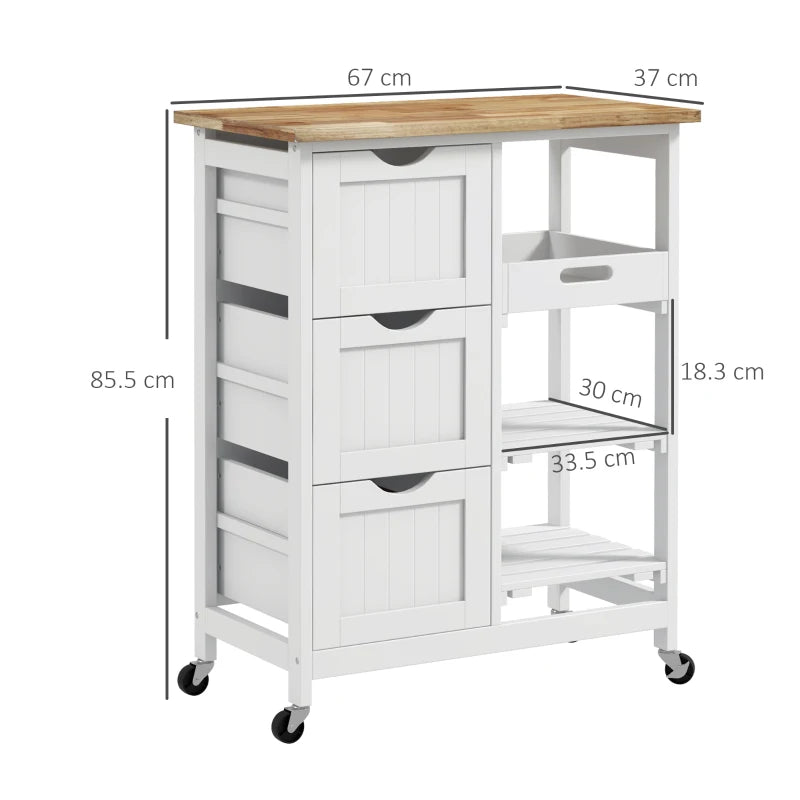 Rolling Kitchen Island Cart with Wood Top, Compact Bar Serving Trolley on Wheels, Shelves & Drawers for Home Dining - White