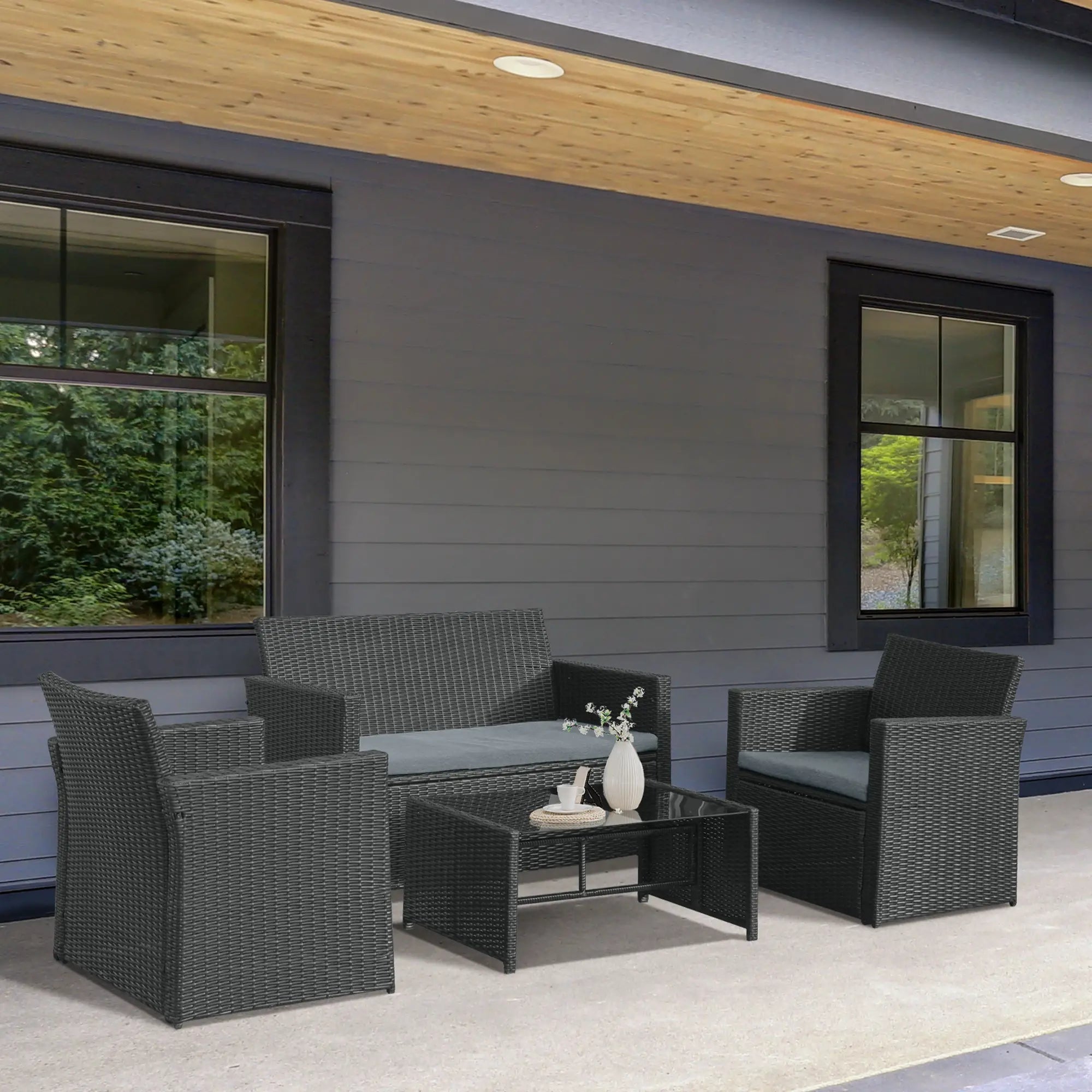 Black 4 Piece Rattan Furniture Set with Grey Cushions, 2 Armchairs and Dark Coffee Table