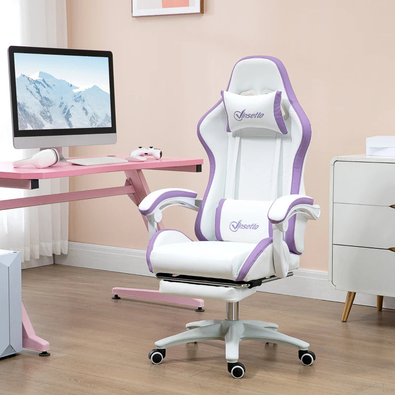 Vinsetto White and Purple Gaming Chair - PU Leather Office Desk Chair with Footrest, 135° Recline, Lumbar Support & Headrest