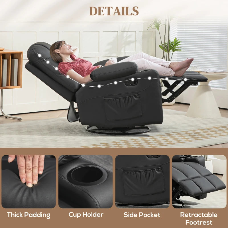 Manual Reclining Armchair with Swivel, Faux Leather, Footrest and Cup Holders - Black, 86x93x102cm