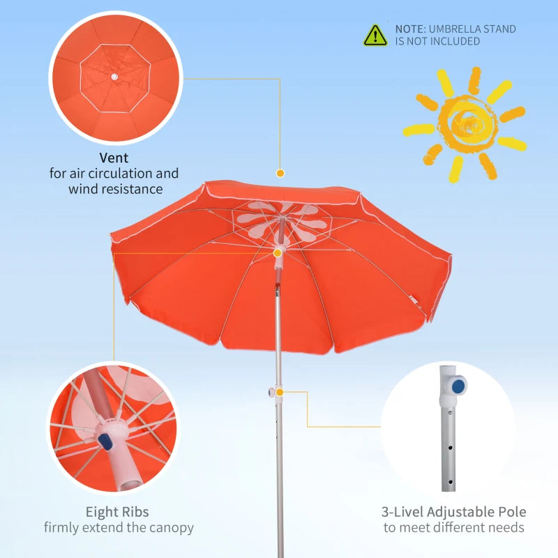 Orange Beach Umbrella with Tilt and Adjustable Height, Portable Sunshade Shelter