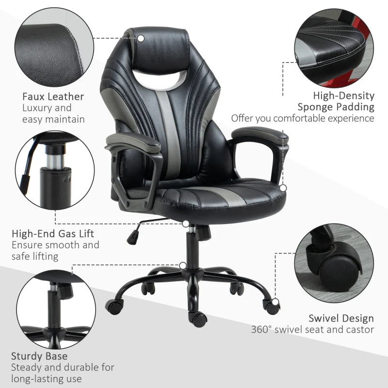 Vinsetto Gaming Chair - Ergonomic Desk Chair with Breathable PU Leather, Soft Armrests & Rolling Wheels for Adults - Black