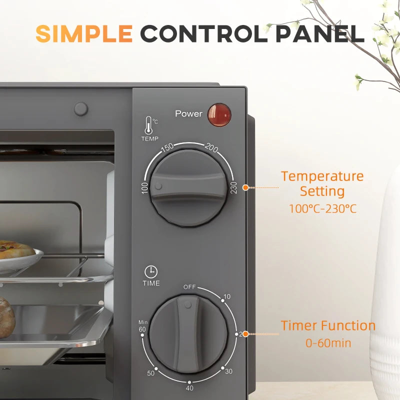 Compact 9L Mini Oven & Electric Grill - Adjustable Temp, Timer, Dishwasher Safe Tray, 750W, Grey Countertop Toaster Oven