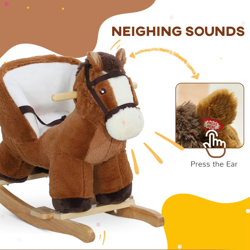 Plush Rocking Horse for Kids with Sound Wooden Base Ride On Toy for Ages 18 to 36 Months Brown