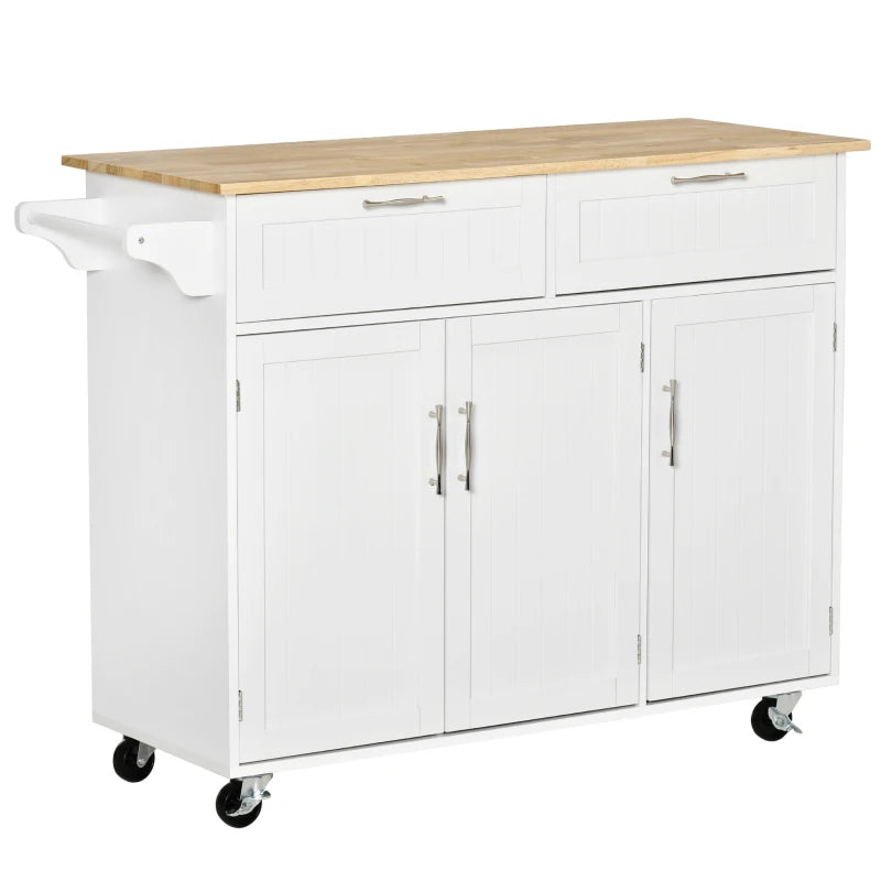 White Kitchen Island Utility Cart with 2 Storage Drawers & Cabinets - Perfect for Dining Room Organization