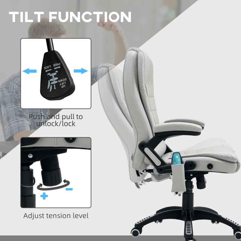 Light Grey 6-Point Massage Office Chair with Heated Seat, PU Leather High Back, Adjustable Height & 360° Swivel for Home Office