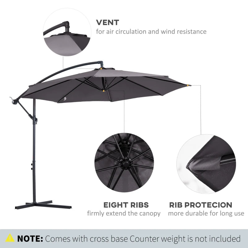 Dark Grey 3M Hanging Cantilever Umbrella Parasol for Patio