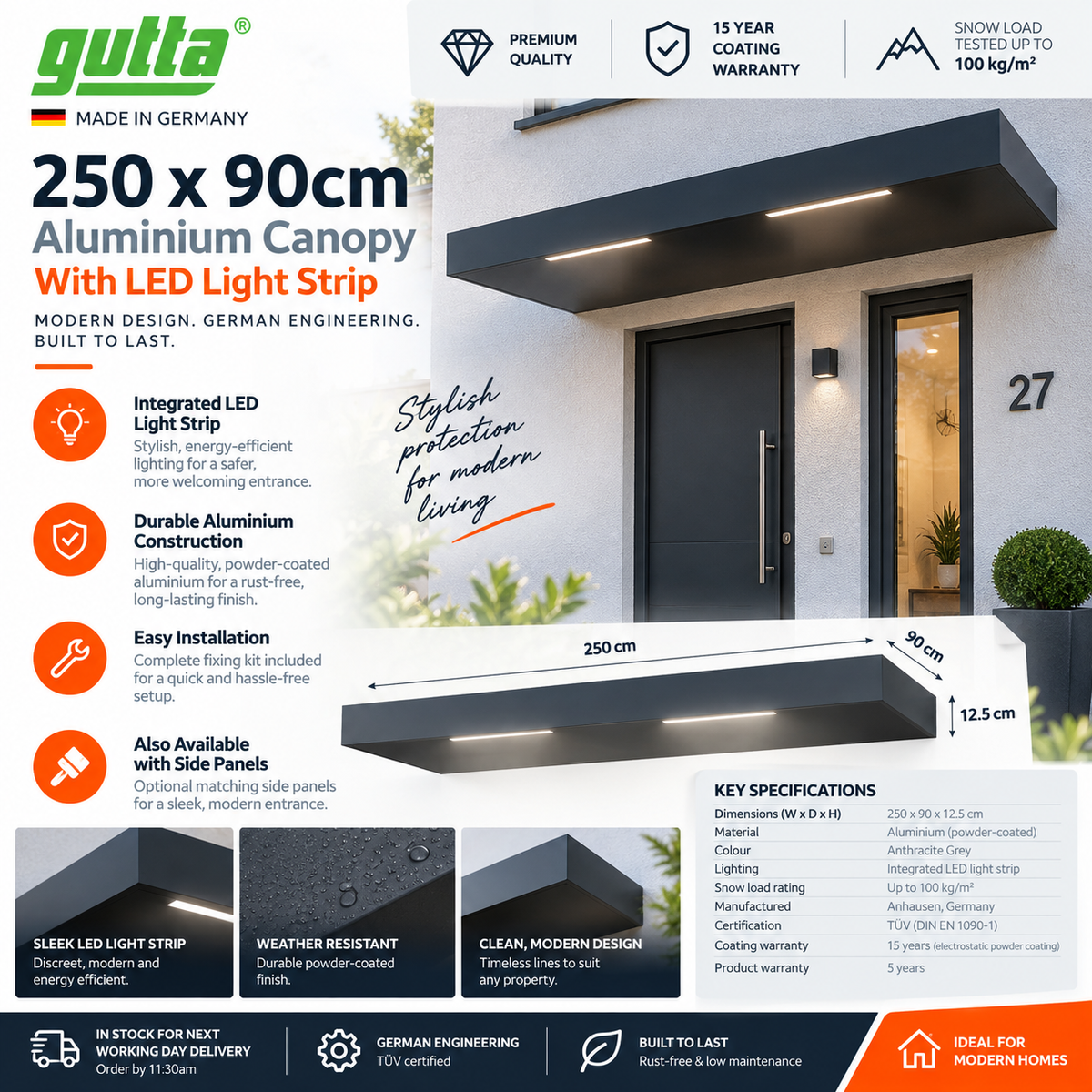 250x90cm Aluminium Canopy With LED Light Strip - Anthracite Grey