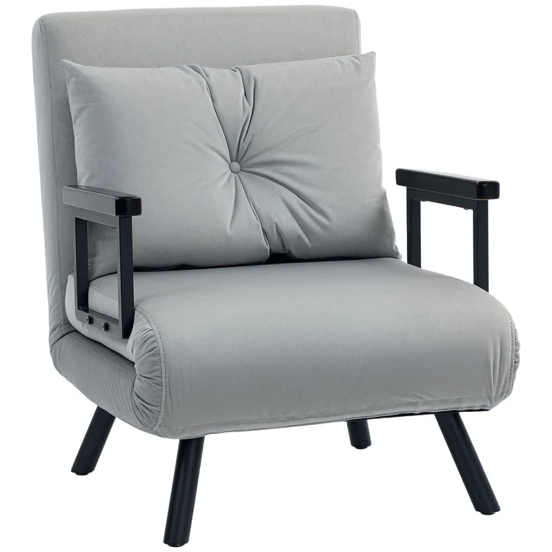 Velvet-Feel Single Chair Bed with Pillow in Light Grey – Versatile 4-in-1 Design for Comfort and Style