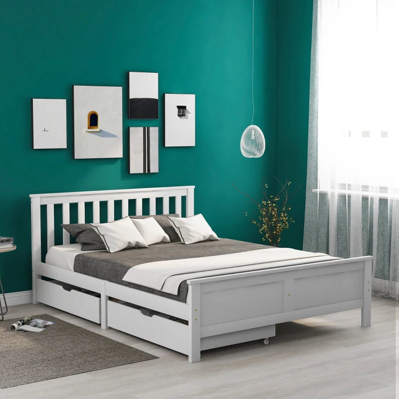 Wooden Solid Pine Divan Storage Bed with Drawers - Double Bed Frame for Adults & Kids, 196x146x82 cm, White