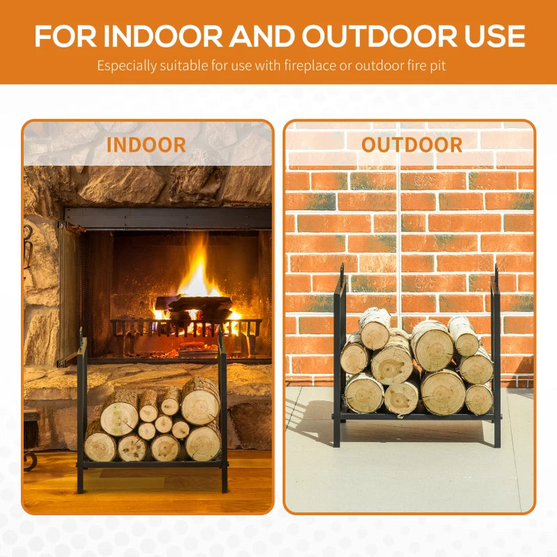 Metal Firewood Log Holder Rack - Indoor Outdoor Fireplace Wood Storage Shelf, Rust-Resistant, Black, 39L x 32.5W x 46H cm