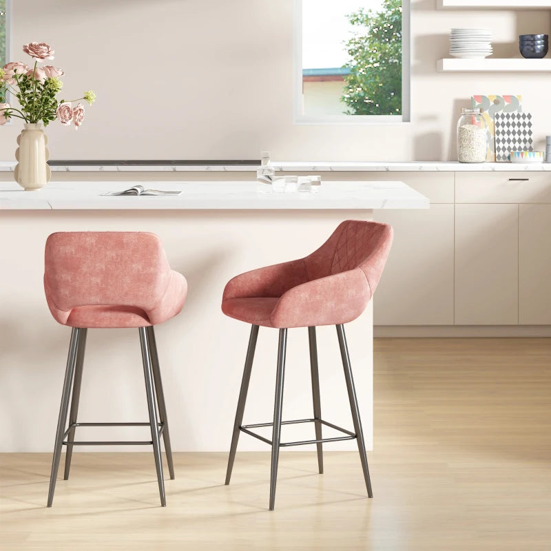 Set of 2 Pink Velvet-Feel Bar Stools - Stylish Modern Seating for Kitchen, Dining Room, or Home Bar